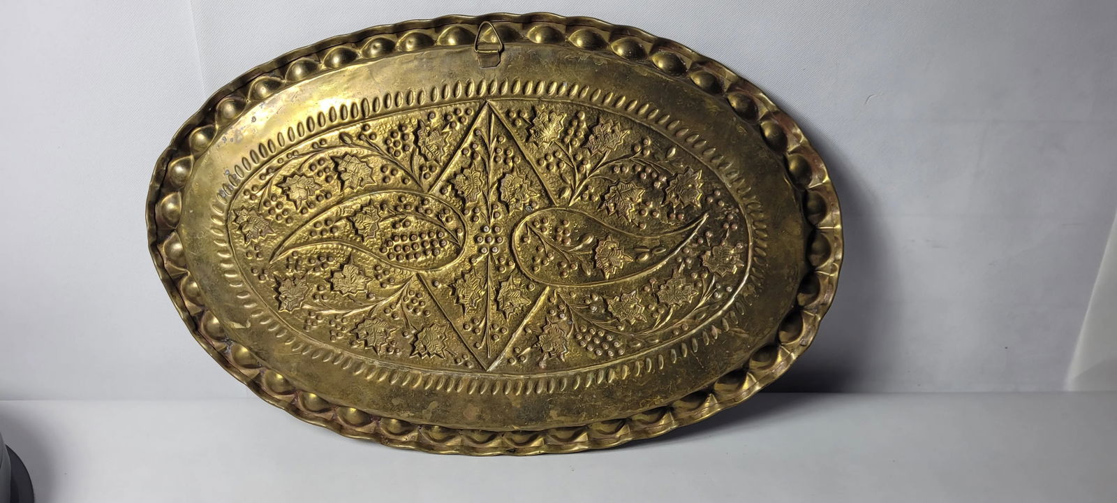 Vintage Bass Engraved British India Floral Serving Tray Platter Wall Hanging Raised Design - 4