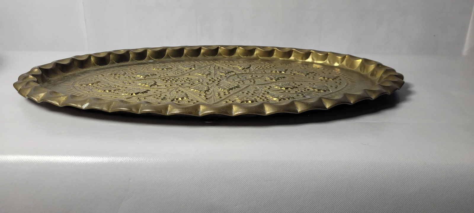Vintage Bass Engraved British India Floral Serving Tray Platter Wall Hanging Raised Design - 5