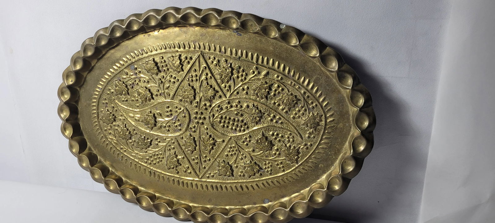 Vintage Bass Engraved British India Floral Serving Tray Platter Wall Hanging Raised Design - 6