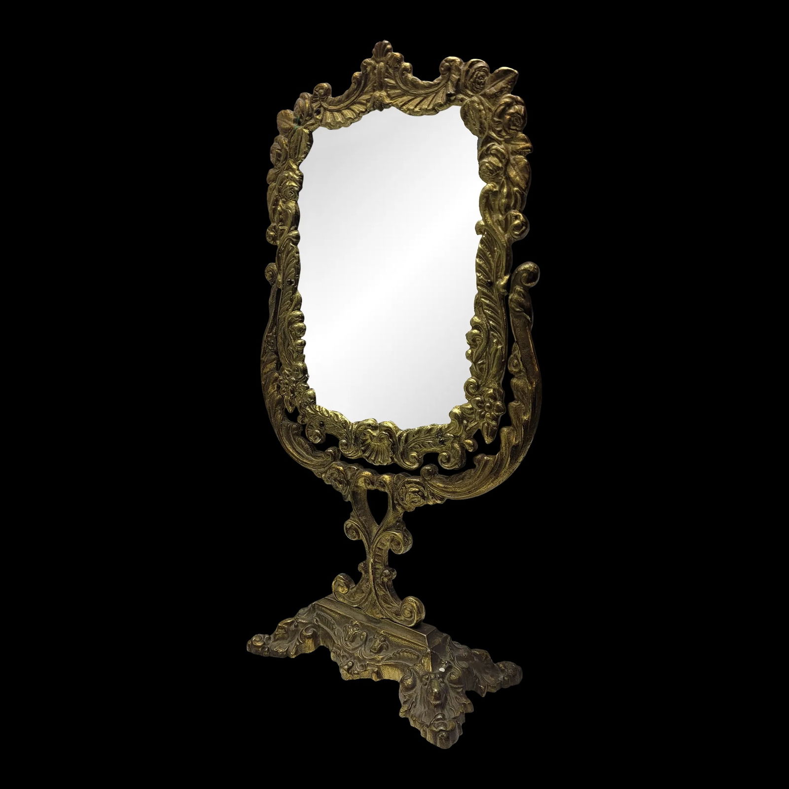 Early 1900s Vintage Vanity Table Brass Makeup Mirror with Cast Metal Design: Vintage Cast metal Antique Vanity Mirror. In good condition with minor wear and scratches. All works good the base is … Read more Vintage Cast metal Antique Vanity Mirror. In good condition with