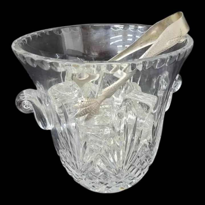Vintage Crystal Etched Cut Glass Ice Bucket With Thongs - Set of 2: Vintage Crystal Cut Glass Ice Bucket set Ice Cubes and Ice Thongs Etched top ring Beautiful Crystal Bucket and 24 … Read more Vintage Crystal Cut Glass Ice Bucket set Ice Cubes and Ice Thongs Et
