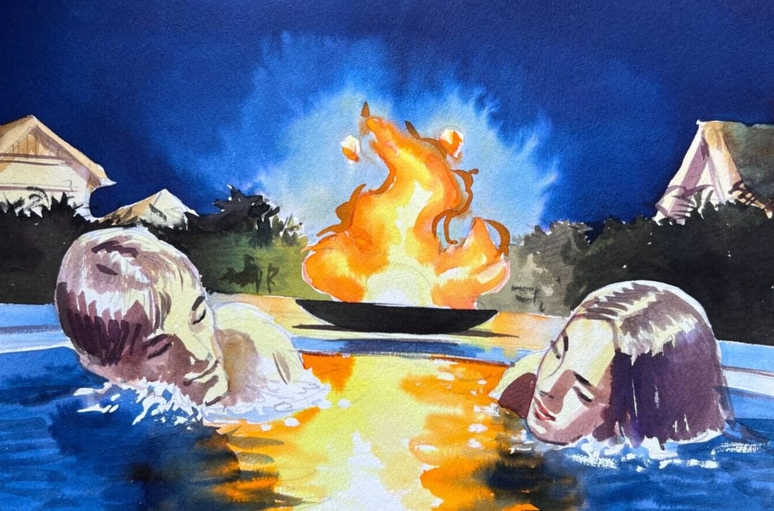 Vintage Ink Original Drawing People, Couple Figures, Swimming Pool, Holidays: Title: Vintage Ink Original Drawing People, Couple Figures, Swimming Pool, Holidays Description: Vintage Ink Original Drawing People, Couple Figures, Swimming Pool, Holidays Watercolor on paper 21 x 2