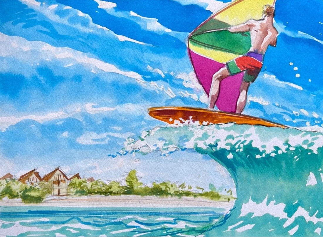 Vintage Ink Original Drawing Man Surfing, Sea, Holidays, Vacation (1 of 8)