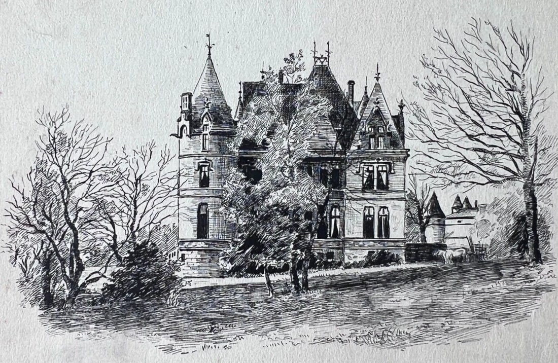 Vintage Ink Original Drawing Castel, Architecture, House, Tree, Landscape: Title: Vintage Ink Original Drawing Castel, Architecture, House, Tree, Landscape Description: Vintage Ink Original Drawing Castel, Architecture, House, Tree, Landscape Ink on paper 21 x 23.5 cm folds,