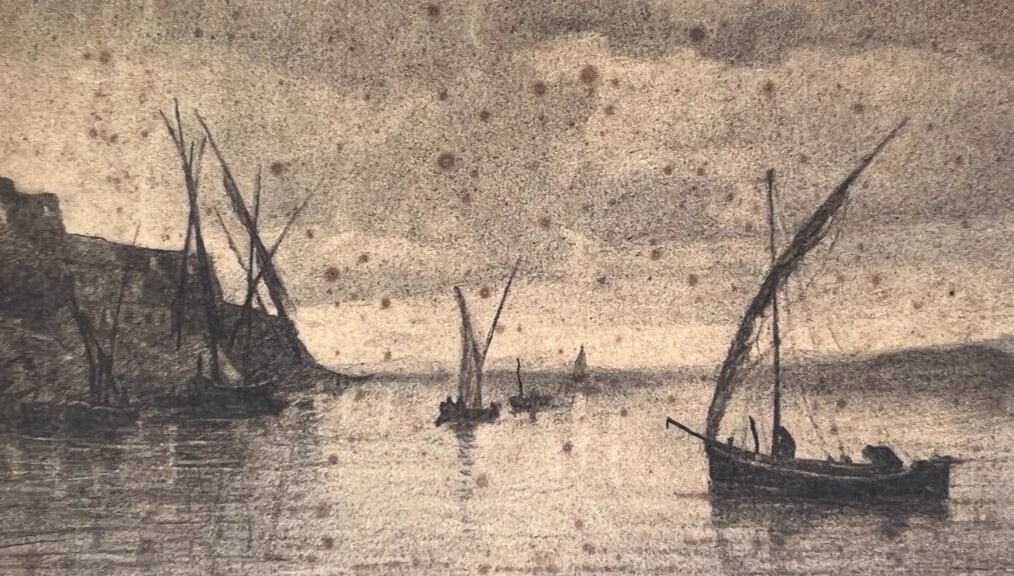 Vintage Pencil Original Drawing Maritime, Boat, City, Seascape: Title: Vintage Pencil Original Drawing Maritime, Boat, City, Seascape Description: Vintage Pencil Original Drawing Maritime, Boat, City Pencil on paper 18.5 x 34.5 cm folds, stains, cuts Reserve: $50.