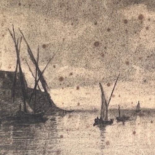 Vintage Pencil Original Drawing Maritime, Boat, City, Seascape - 3
