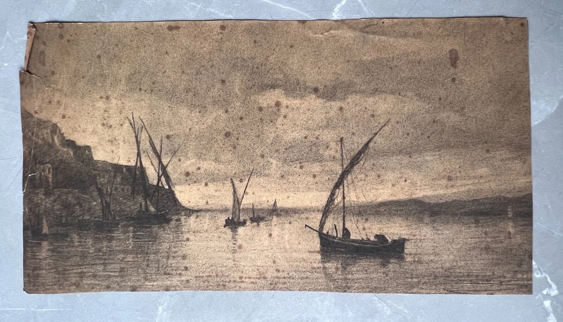 Vintage Pencil Original Drawing Maritime, Boat, City, Seascape - 5