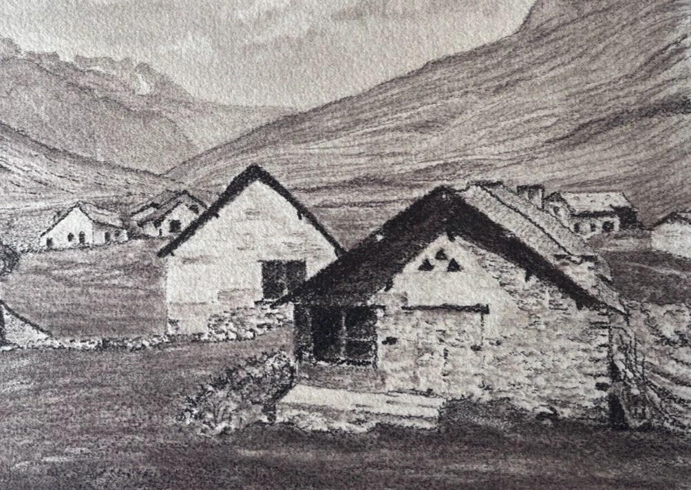 Vintage Original Drawing Houses, Mountain, Landscape: Title: Vintage Original Drawing Houses, Mountain, Landscape Description: Vintage Original Drawing Houses, Mountain, Landscape Pencil on paper 25 x 32.5 cm folds, stains Reserve: $50.00 
