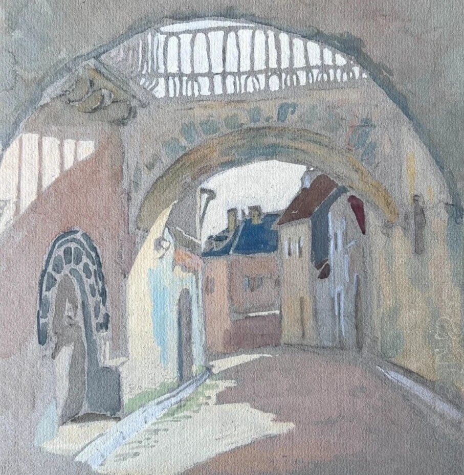 Vintage Original Drawing Cityview, Houses, Architecture, Bridge, Street: Title: Vintage Original Drawing Cityview, Houses, Architecture, Bridge, Street Description: Vintage Original Drawing Cityview, Houses, Architecture, Bridge, Street Watercolor on paper 31 x 24 cm