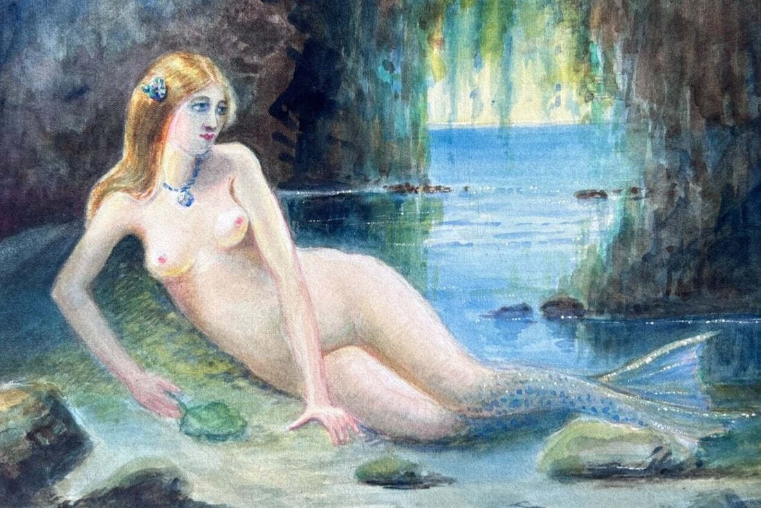 Vintage Original Drawing Woman, Figures, Mermaid: Title: Vintage Original Drawing Woman, Figures, Mermaid Description: Vintage Original Drawing Woman, Figures, Mermaid Watercolor on paper 28 x 19.5 cm folds, stains Reserve: $50.00 