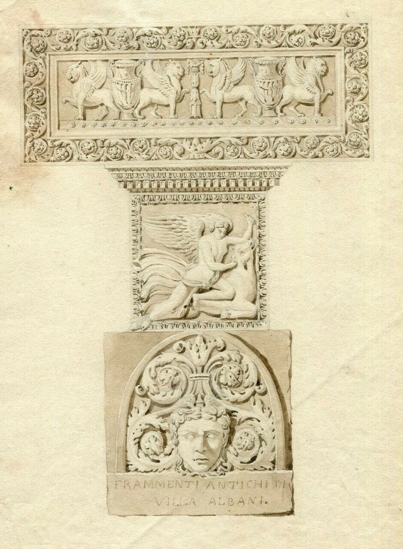 Antique Pencil Drawing 19th century Frammenti Antichi Villa Albani: Title: Antique Pencil Drawing 19th century Frammenti Antichi Villa Albani Description: Pencil Drawing 19th century Frammenti Antichi Villa Albani Pencil on paper 32 x 24 cm stains, folds, cuts Reserve