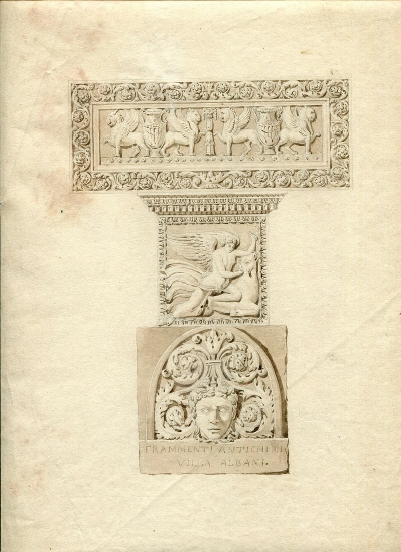 Antique Pencil Drawing 19th century Frammenti Antichi Villa Albani - 2