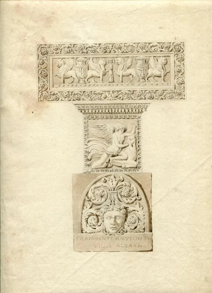 Antique Pencil Drawing 19th century Frammenti Antichi Villa Albani - 4