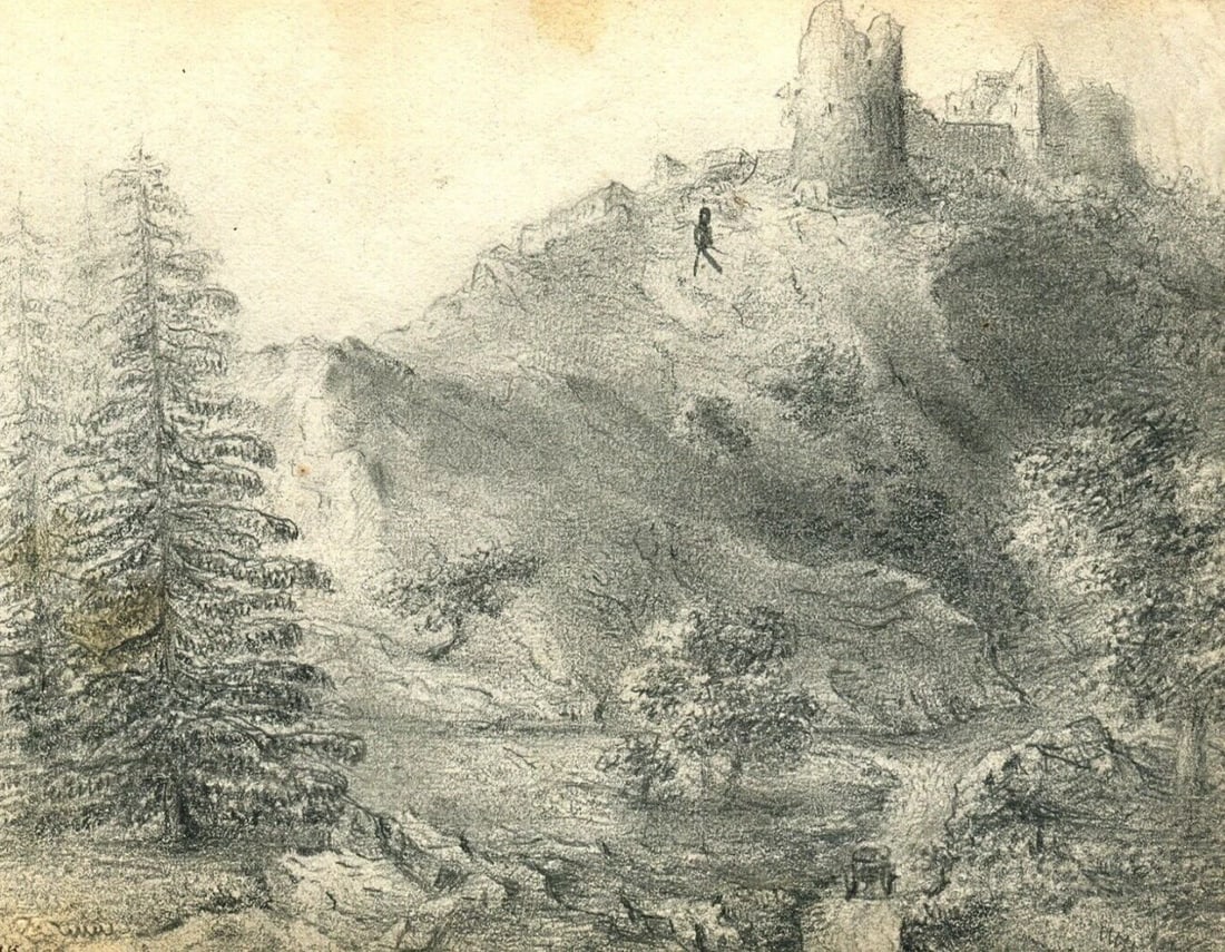 Antique Pencil Drawing 19th century Original Mountain Landscape, Firs, Forest: Title: Antique Pencil Drawing 19th century Original Mountain Landscape, Firs, Forest Description: Drawing 19th century of a Mountain Landscape with Firs Pencil on paper 15,5 x 22 cm stains, small