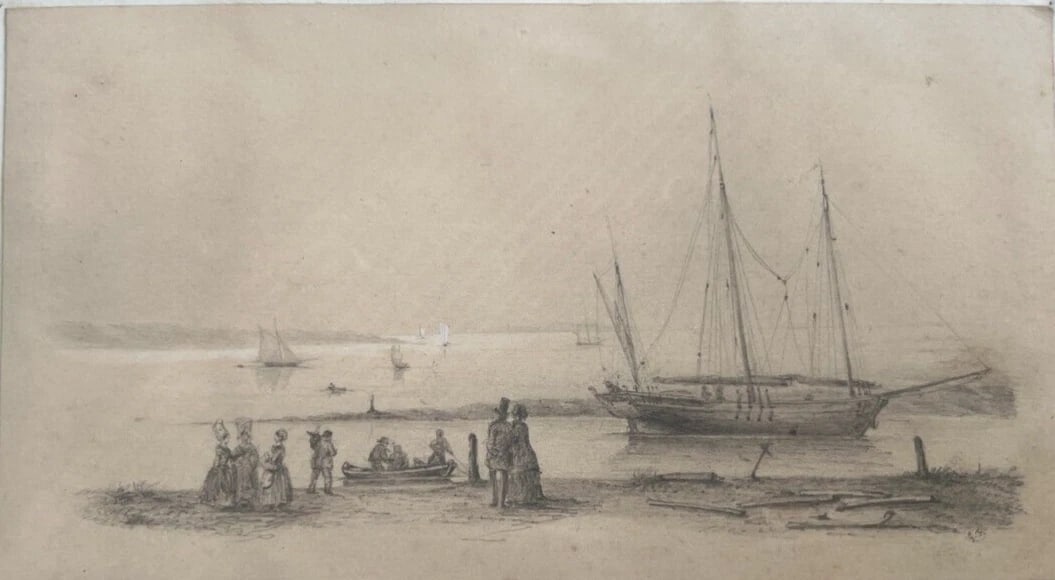 Antique Pencil Drawing 19th century Seaview Landscape with Boat and Figures: Title: Antique Pencil Drawing 19th century Seaview Landscape with Boat and Figures Description: Antique Pencil Drawing 19th century Seaview Landscape with Boat and Figures Pencil on paper 10,5 x 19 cm