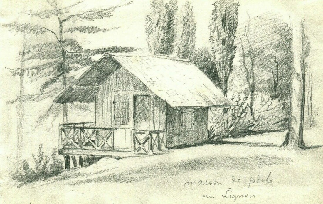 Antique Pencil Drawing House of Poche in Lignon, Landscape: Title: Antique Pencil Drawing House of Poche in Lignon, Landscape Description: Antique Pencil Drawing House of Poche in Lignon, Landscape Pencil on paper 12 x 18,5 cm stains, folds Reserve: $30.00 Shi