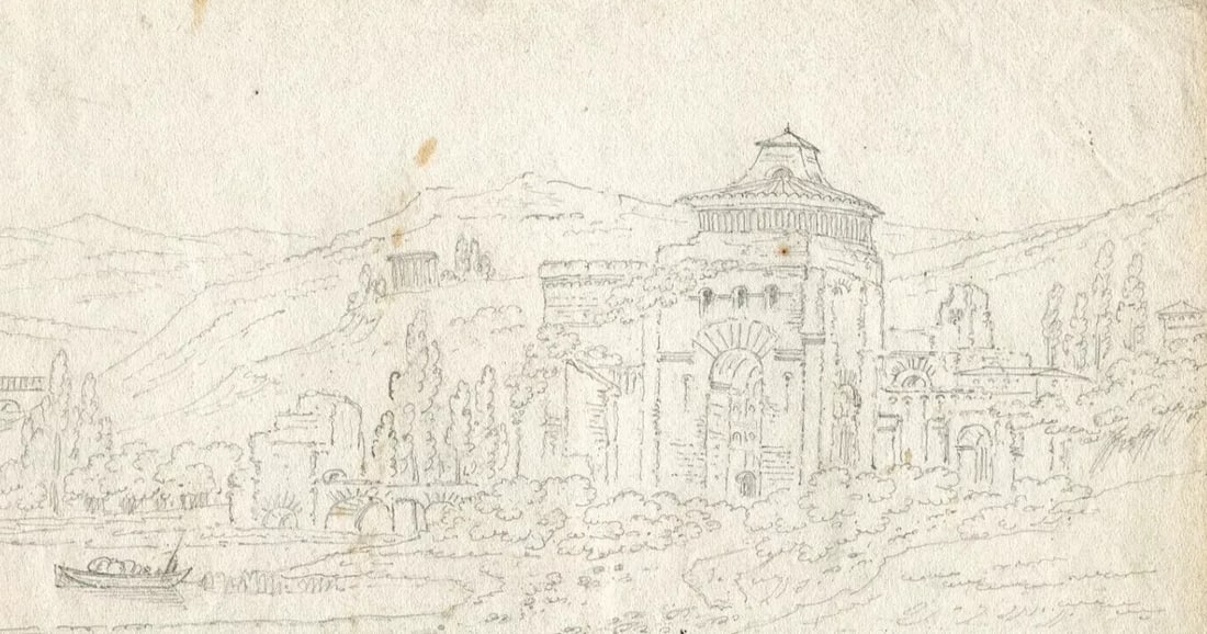 Antique Pencil Drawing Landscape 19th century Building and Boat: Title: Antique Pencil Drawing Landscape 19th century Building and Boat Description: Pencil Drawing Landscape 19th century Building and Boat Pencil on paper 7.5 x 11.8 inches / 19 x 29,5 cm cut,