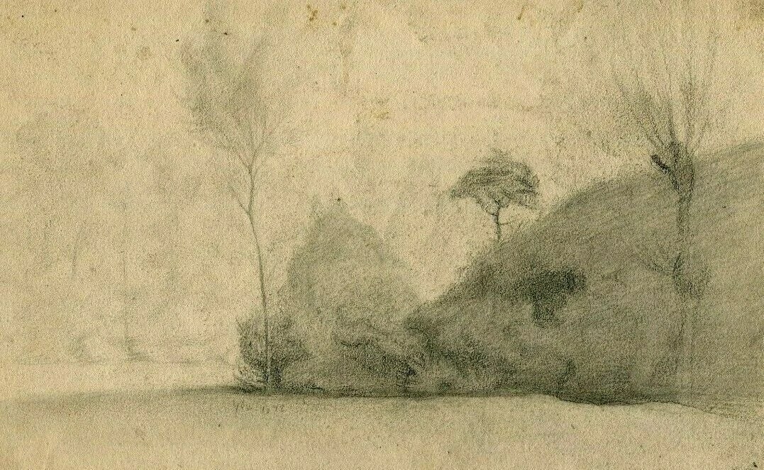 Antique Pencil Drawing Landscape, Forest and Field: Title: Antique Pencil Drawing Landscape, Forest and Field Description: Drawing Landscape, Forest and Field Pencil on paper 13 x 22 cm stains, folds, cuts Reserve: $50.00 Shipping: Domestic: Flat-rat