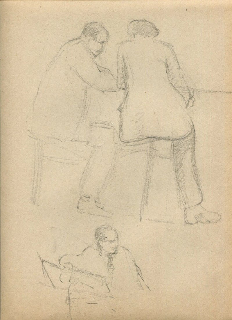 Antique Pencil Drawing Original Men sitting down, Portrait: Title: Antique Pencil Drawing Original Men sitting down, Portrait Description: Antique Pencil Drawing Original Men sitting down, Portrait Pencil on paper 31.5 x 23.5 cm stains, folds Reserve: $30.00 S