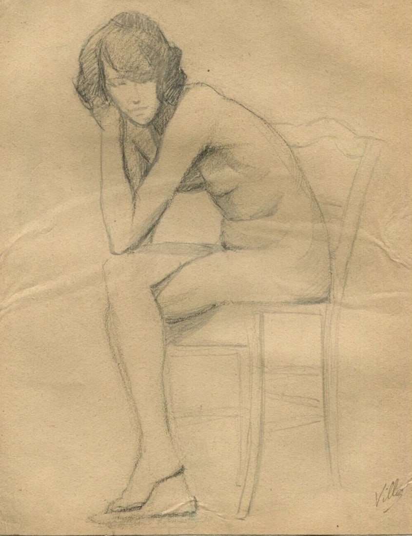 Antique Pencil Drawing Original Figure Woman sitting down, Portrait: Title: Antique Pencil Drawing Original Figure Woman sitting down, Portrait Description: Antique Pencil Drawing Original Figure Woman sitting down, Portrait Pencil on paper 31.5 x 23.5 cm stains,