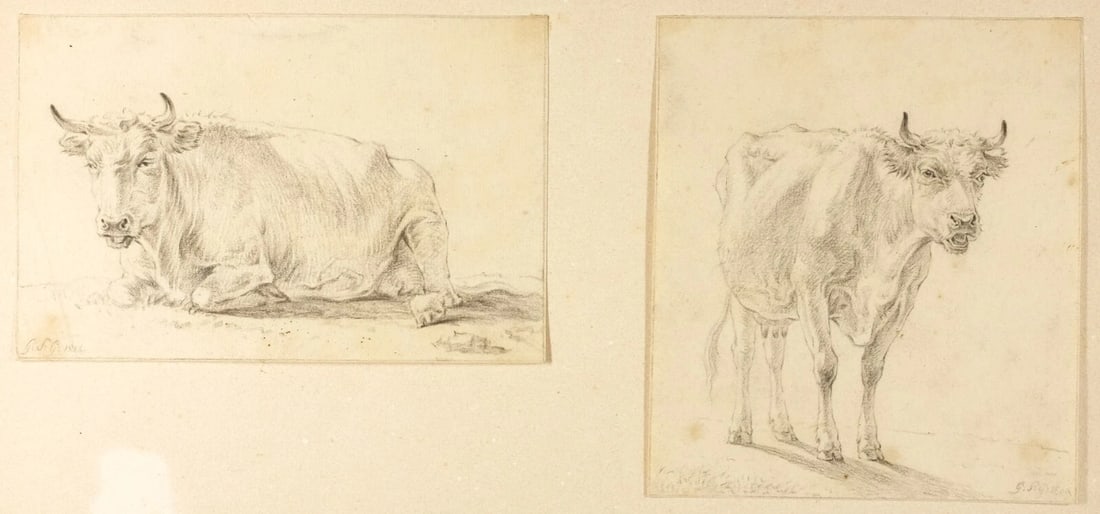 Antique Pencil Drawing Original 19th century Animal, Cows: Title: Antique Pencil Drawing Original 19th century Animal, Cows Description: Drawing Original 19th century Animal, Cows Pencil on paper 10 x15 cm / 14 x 12.5 cm laminated on paper, stains Reserve: $1