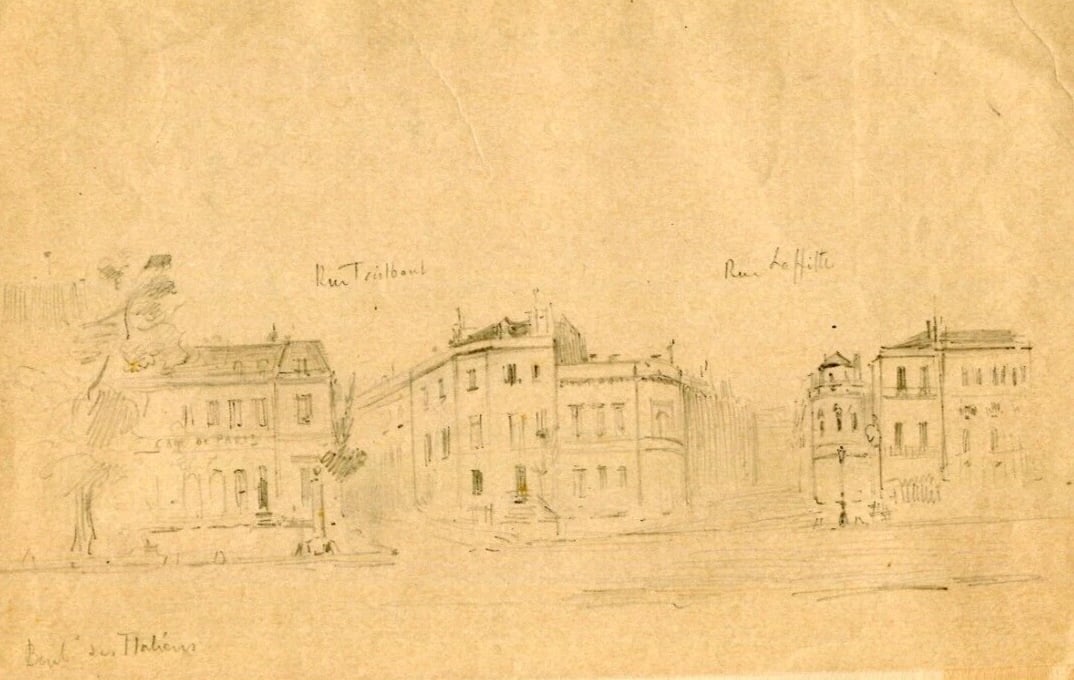 Antique Pencil Drawing Original 19th century Boulevard des Italiens, Paris: Title: Antique Pencil Drawing Original 19th century Boulevard des Italiens, Paris Description: Pencil Drawing 19th century Boulevard des Italiens, Paris Pencil on paper 15 x 21,5 cm stains, stick to p
