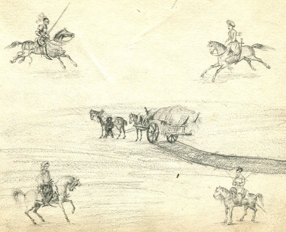 Antique Pencil Drawing Original 19th century Rider, Horse, Figures, Plow: Title: Antique Pencil Drawing Original 19th century Rider, Horse, Figures, Plow Description: Pencil Drawing Original 19th century Rider, Horse, Figures, Plow Pencil on paper 15,5 x 22 cm stains, small