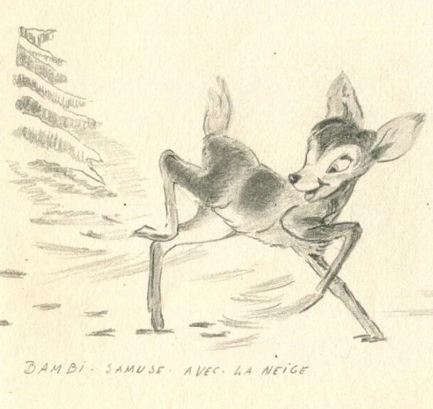 Antique Drawing Original Cartoon, Disney, Mickey, Bambi - 2