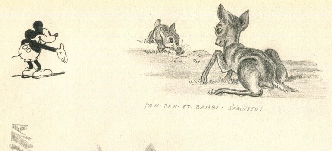 Antique Drawing Original Cartoon, Disney, Mickey, Bambi - 5