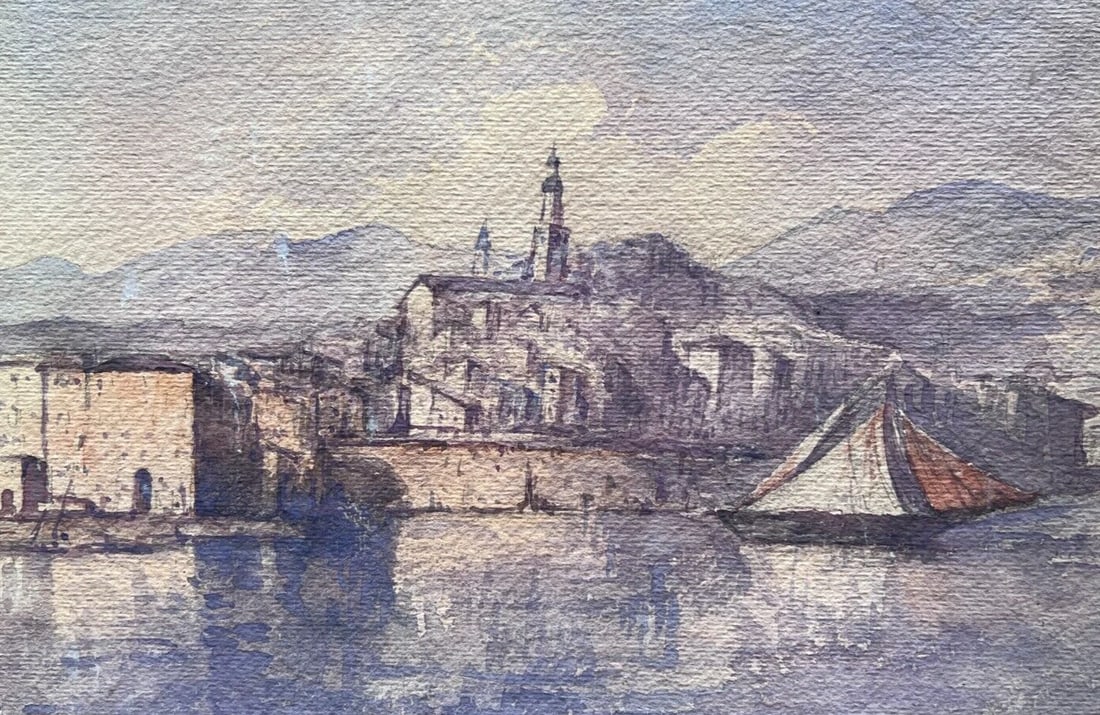 Vintage Original Drawing Cityview, Maritime, Boat, Mountain, Seascape: Title: Vintage Original Drawing Cityview, Maritime, Boat, Mountain, Seascape Description: Vintage Original Drawing Cityview, Maritime, Boat, Mountain, Sea Watercolor on paper 21.5 x 35.5 cm folds, sta