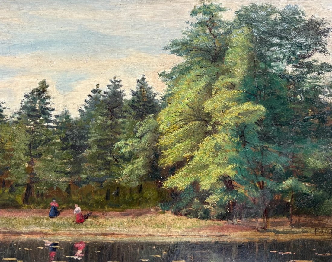 Antique Painting Original Landscape, People,Lake, Trees, Forest signed 19th: Title: Antique Painting Original Landscape, People,Lake, Trees, Forest signed 19th Description: Oil on wood 22 x 28 cm small damages on the frame signed Reserve: $300.00 Shipping:Domestic: