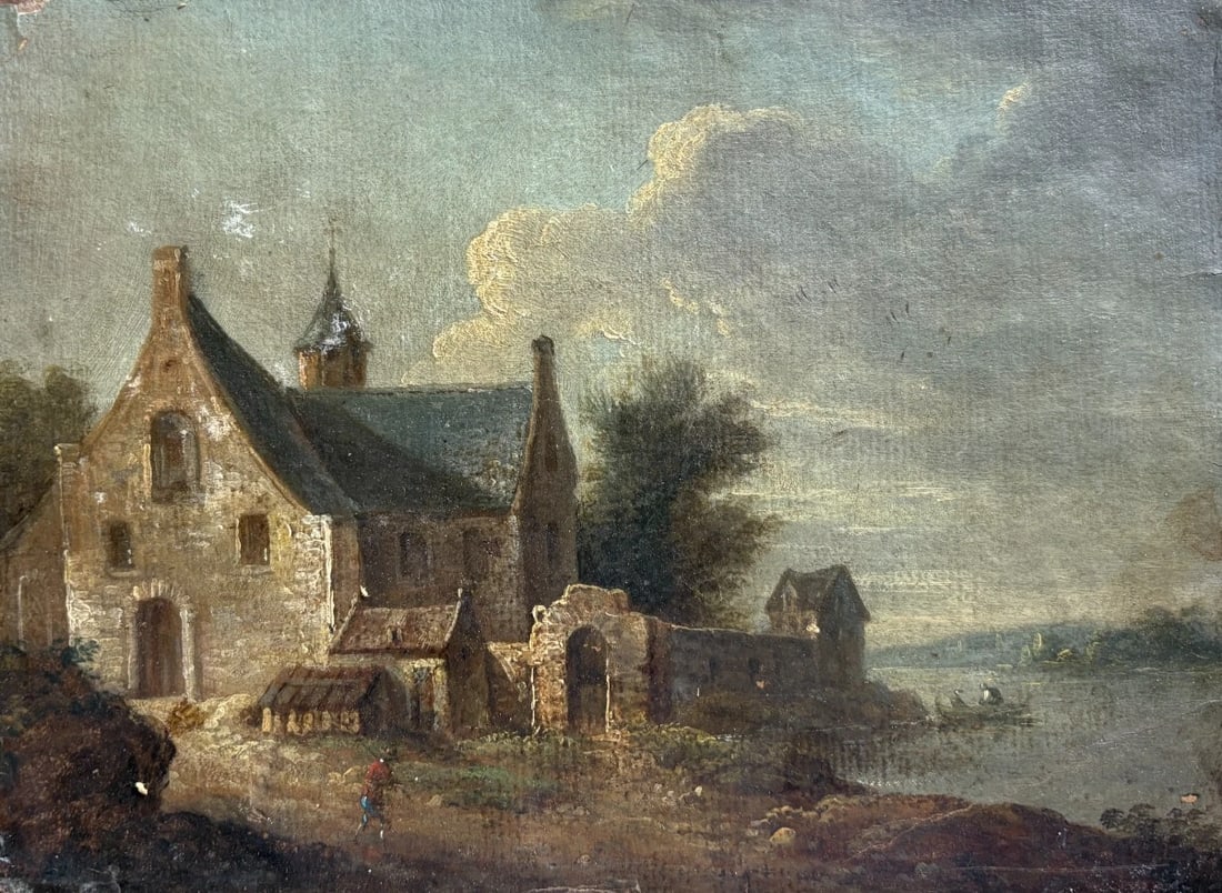 Antique Painting Original Landscape, River, House, People, Trees 18th century: Title: Antique Painting Original Landscape, River, House, People, Trees 18th century Description: Oil on cardboard 16.5 x 23 cm unsigned smalla damages Reserve: $400.00 Shipping:Domestic: