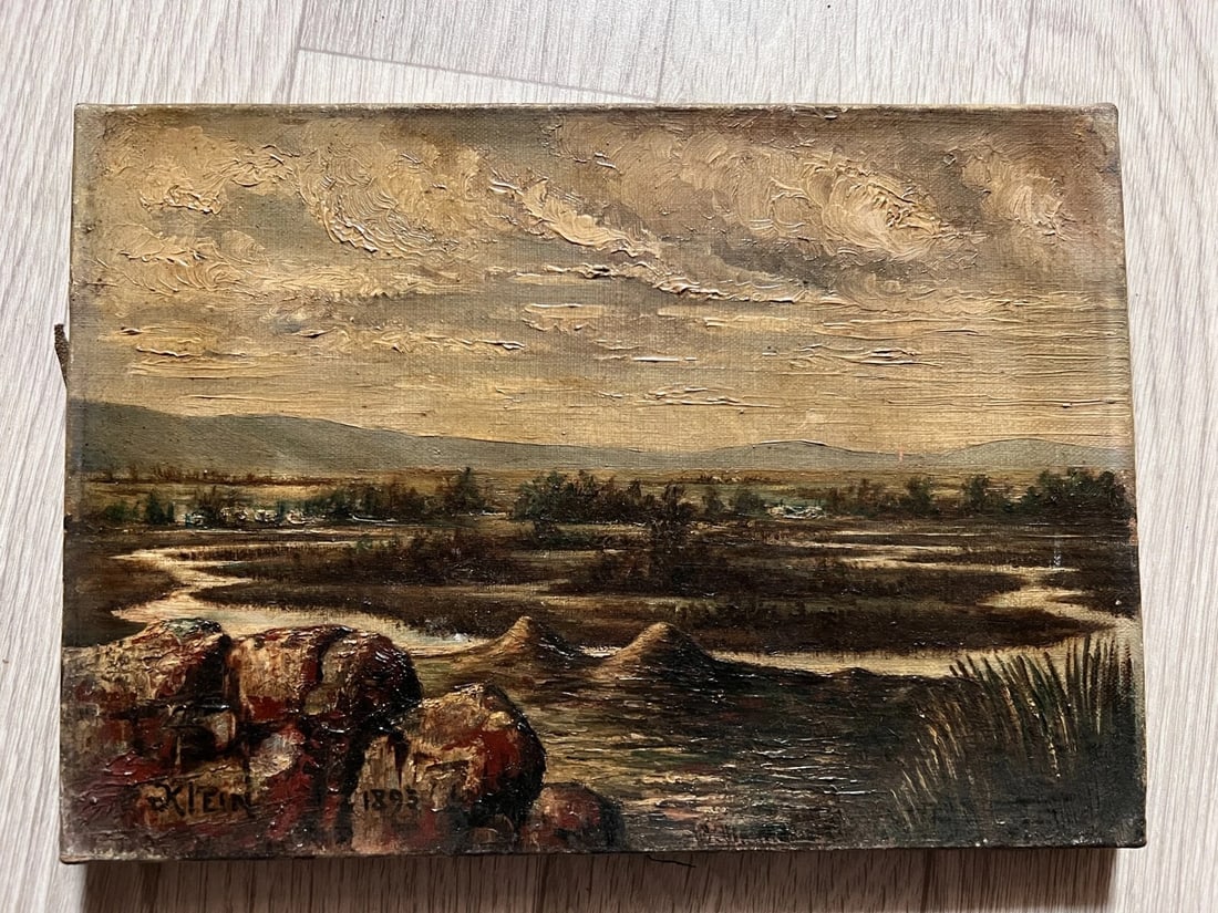 Antique Painting Original Landscape, River, Trees, Rocks signed - 2