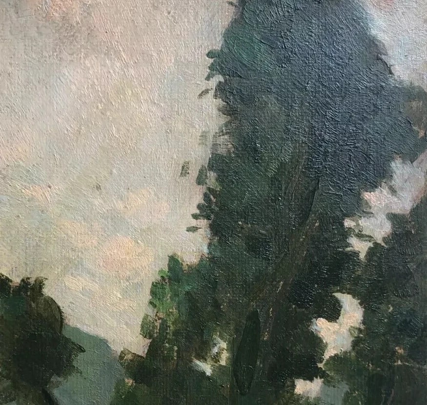 Antique Painting Original Landscape, Tree near a Pile of Hay 1905 - 4