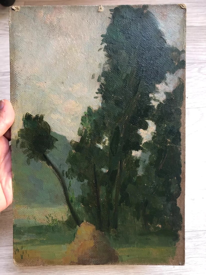 Antique Painting Original Landscape, Tree near a Pile of Hay 1905 - 5