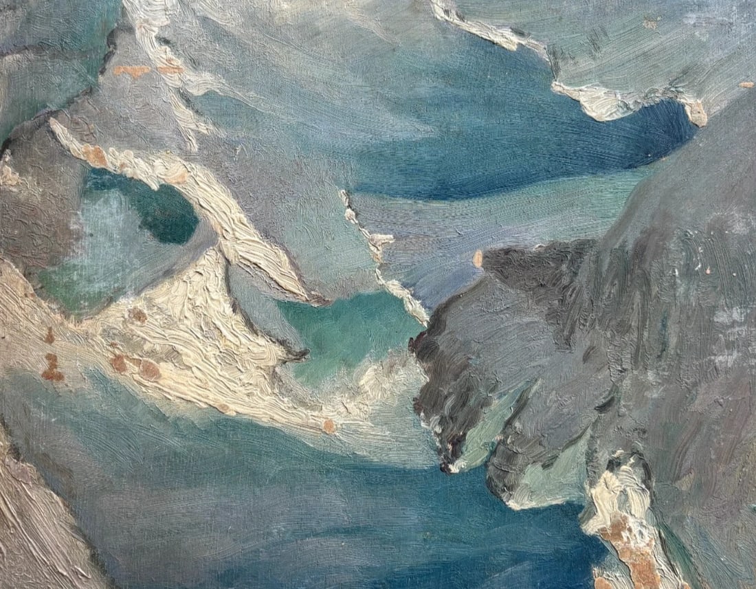 Antique Painting Original Mountain Landscape, Winter, Snow: Title: Antique Painting Original Mountain Landscape, Winter, Snow Description: Antique Painting Original Mountain Landscape, Winter, Snow oil on wood 21.5 x 27 cm cut in half, damages Reserve: $250.00