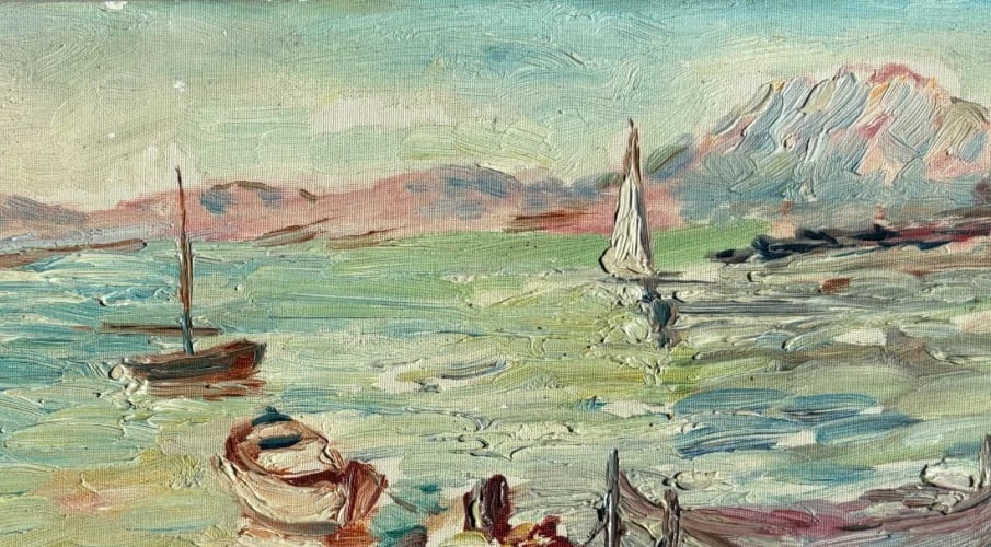 Antique Painting Original Sea, Landscape, Mountain, Fisherman, Baumette signed - 5