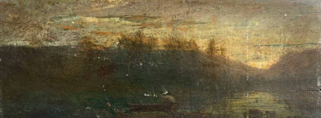 Antique Painting Original Summer Fisherman on Boat Landscape, Lake: Title: Antique Painting Original Summer Fisherman on Boat Landscape, Lake Description: Oil on wood Campbell Archibald MELLON ? 12 x 30 cm / 4.72 x 11.81 inches dirty Reserve: $500.00 Shipping: Domes