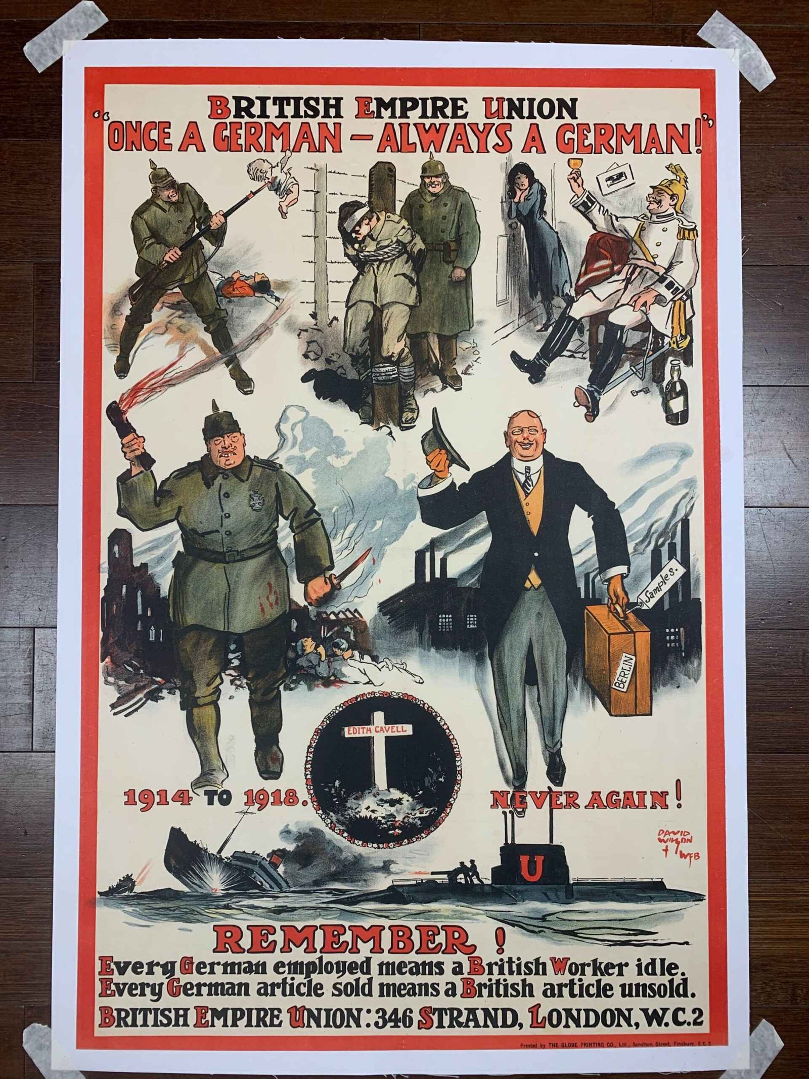 Once A German - Art by Wilson (1918) 20x30 UK WWI Poster LB: Once A German - Art by Wilson (1918) 20x30 UK WWI Poster LB, Please refer to the attached photos to determine the condition of this original vintage item. Note: LB means Linen Backed. Ready for you to