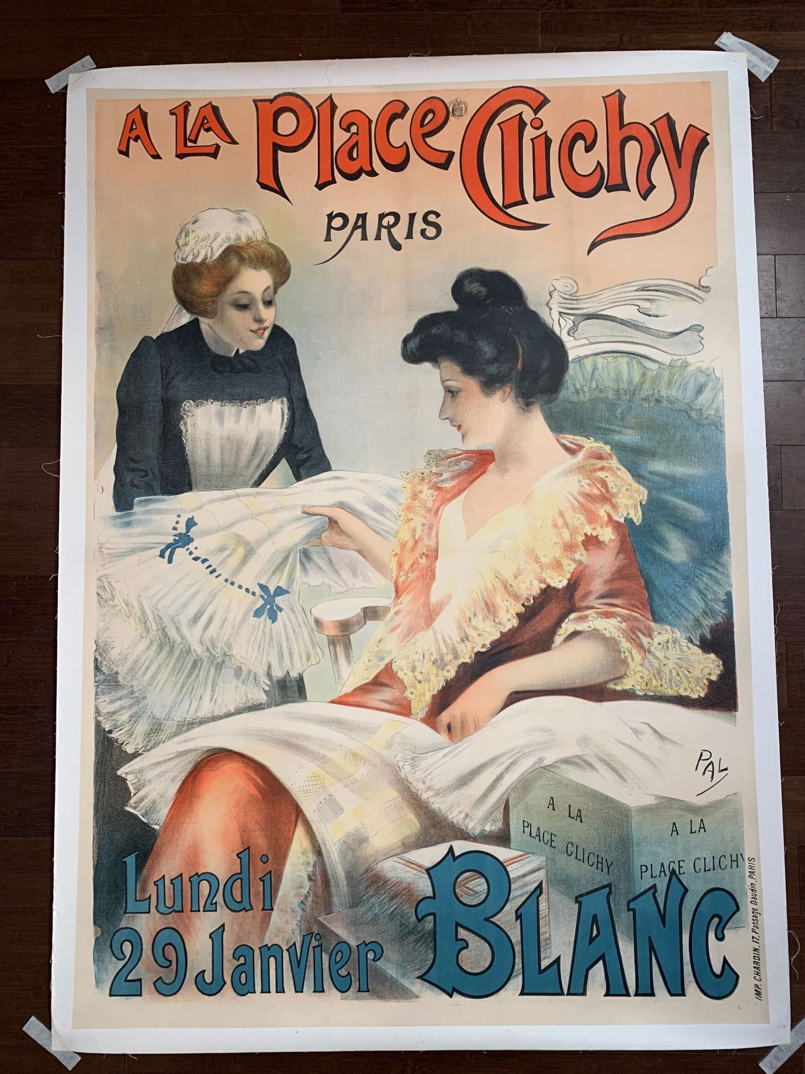 A La Place Clichy Blanc - Art by Tichon (1894) 35x39 French Advertising Poster LB: A La Place Clichy Blanc - Art by Tichon (1894) 35x39 French Advertising Poster LB, Please refer to the attached photos to determine the condition of this original vintage item. Note: LB means Linen