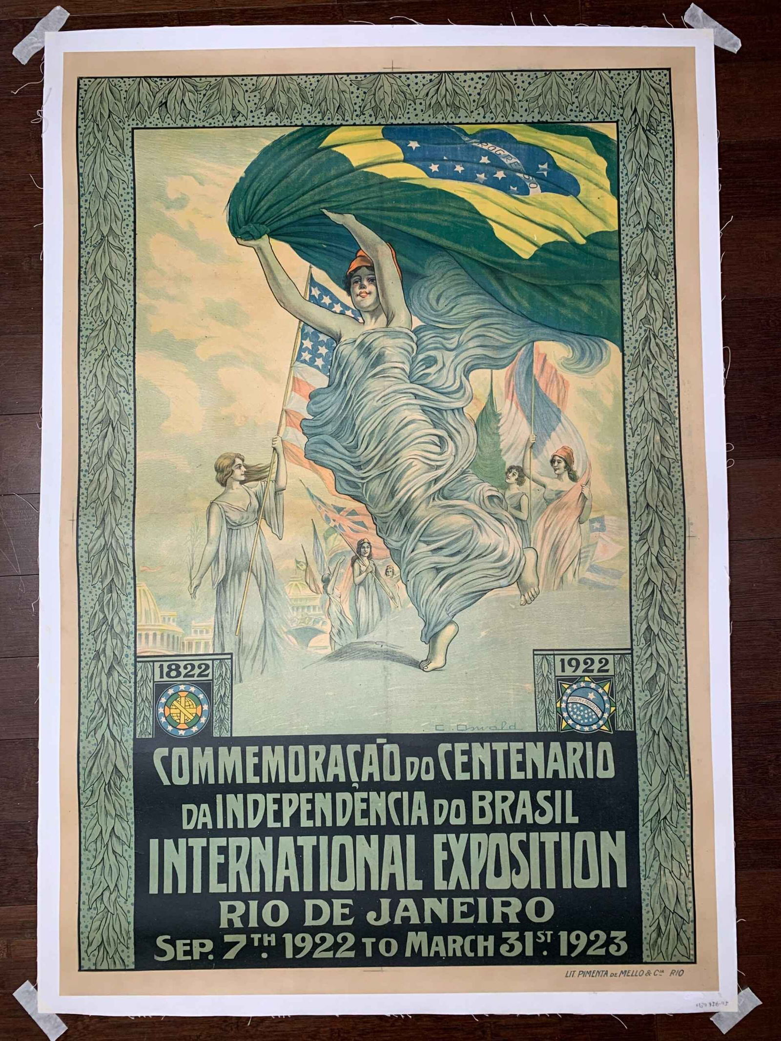 International Expo - Art C. Oswald (1922) 30x44 Brazilian Lithograph Poster LB: International Expo - Art C. Oswald (1922) 30x44 Brazilian Lithograph Poster LB, Please refer to the attached photos to determine the condition of this original vintage item. Note: LB means Linen