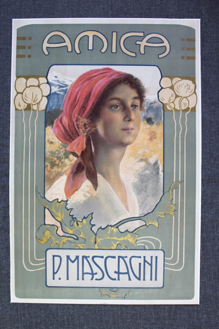 Amica - Art by Pietro Mascagni (1905) 18x27 French Advertising Poster LB: Amica - Art by Pietro Mascagni (1905) 18x27 French Advertising Poster LB, Please refer to the attached photos to determine the condition of this original vintage item. Note: LB means Linen Backed.