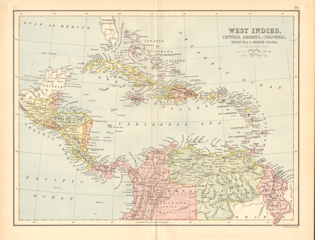 CARIBBEAN. West Indies Cent. America Columbia Venezuela British Guiana 1876 map: Title: CARIBBEAN. West Indies Cent. America Columbia Venezuela British Guiana 1876 map Description: West Indies, Central America, Columbia, Venezuela & British Guiana'. J. Bartholomew, Edinburgh.