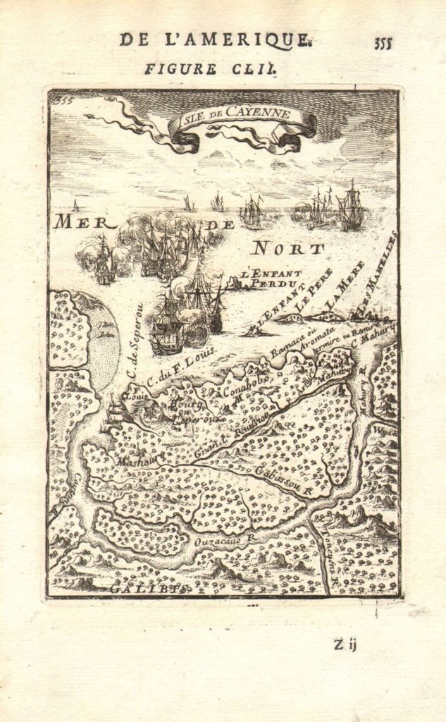 FRENCH GUIANA GUYANE. Cayenne. Fort St Louis. Naval battle. MALLET 1683 map (1 of 1)