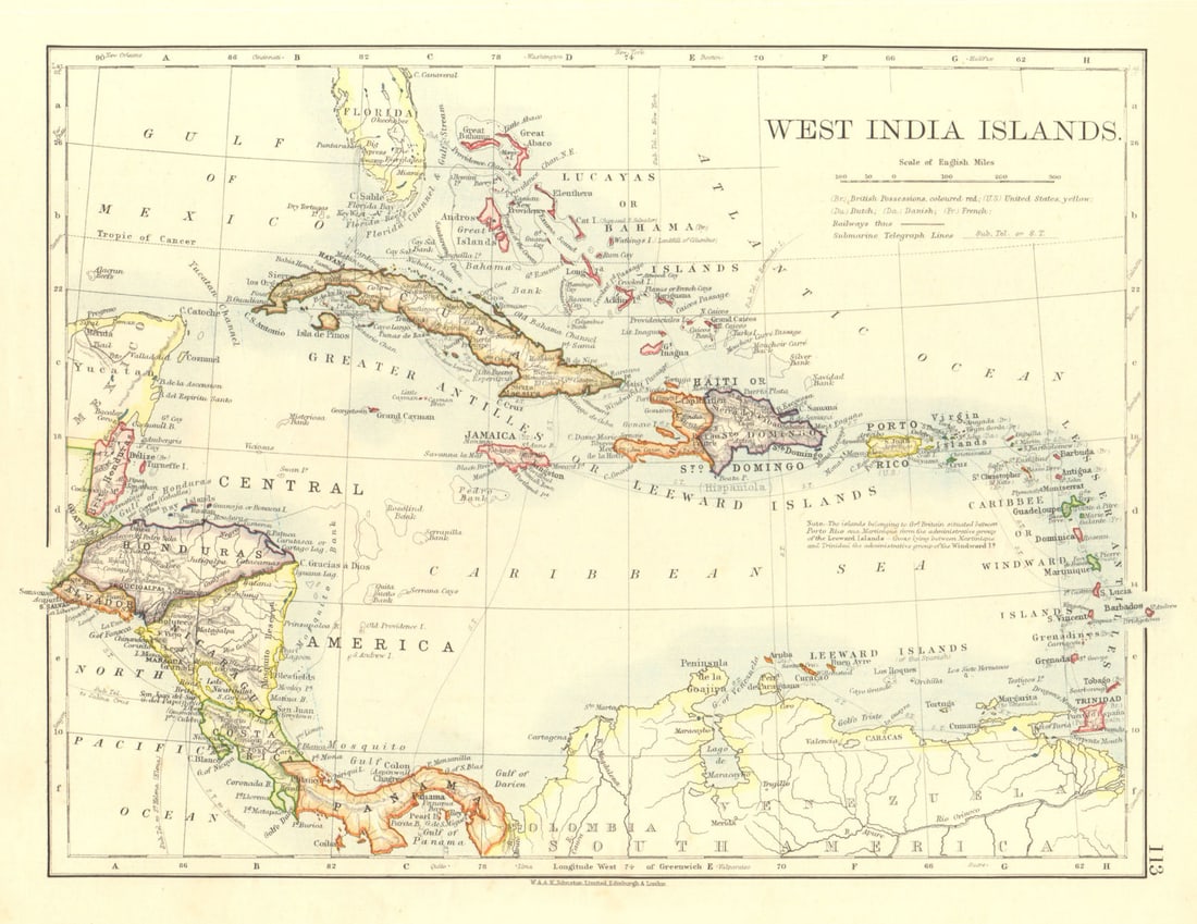 WEST INDIA ISLANDS. Caribbean Lucayas Windward/Leeward Is. JOHNSTON 1906 map: Title: WEST INDIA ISLANDS. Caribbean Lucayas Windward/Leeward Is. JOHNSTON 1906 map Description: West India Islands' by Johnston, W & AK. Published 1906. Colour antique map. Size 21 x 27 cm | 8.0 x 10