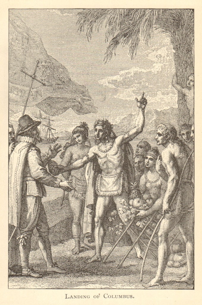 Christopher Columbus landing on San Salvador, Bahamas 1891 old antique print: Title: Christopher Columbus landing on San Salvador, Bahamas 1891 old antique print Description: Landing of Columbus' by Other cartographers. Published 1891. Antique print. Size 17 x 11 cm | 6.5 x 4.5