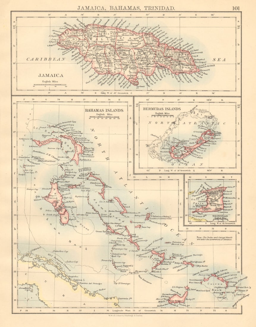 CARIBBEAN/ATLANTIC ISLANDS Jamaica Bermuda Bahamas Trinidad JOHNSTON 1892 map (1 of 1)
