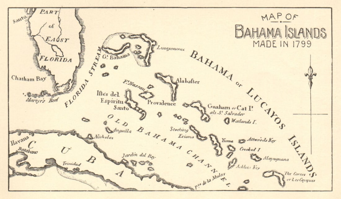 Reproduction of a 1799 Map of the Bahamas Islands 1891 old antique chart: Title: Reproduction of a 1799 Map of the Bahamas Islands 1891 old antique chart Description: Map of Bahama Islands Made in 1799' by Other cartographers. Published 1891. Antique hand-coloured map, prin