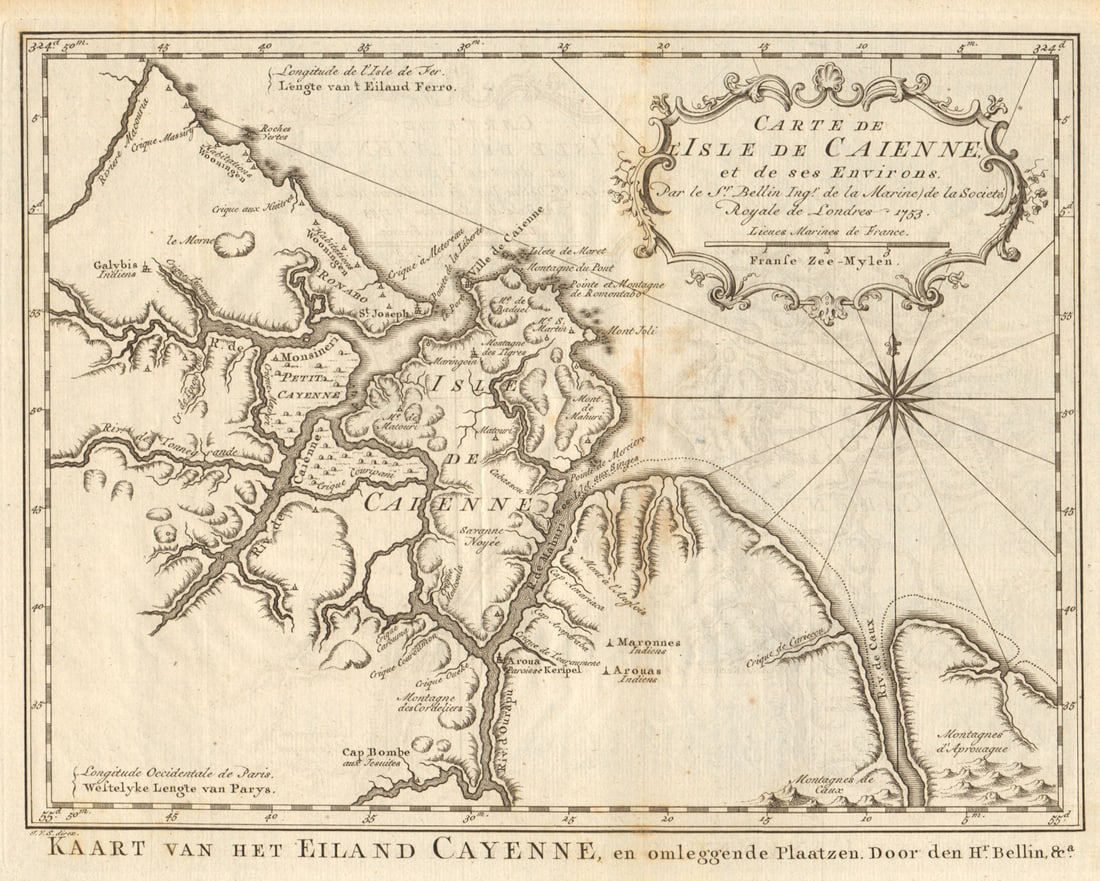 Carte de I’Isle de Caienne'. Cayenne, French Guiana. BELLIN/SCHLEY 1757 map: Title: Carte de I’Isle de Caienne'. Cayenne, French Guiana. BELLIN/SCHLEY 1757 map Description: Carte de I’Isle de Caienne [Map of the island of Cayenne] by Schley, Jakob van der & Bellin,
