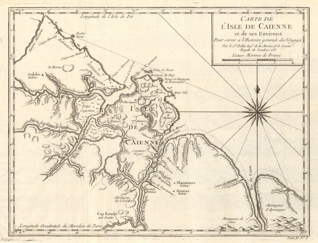 Carte de I’Isle de Caienne'. Cayenne, French Guiana. Guyanas. BELLIN 1753 map (1 of 1)